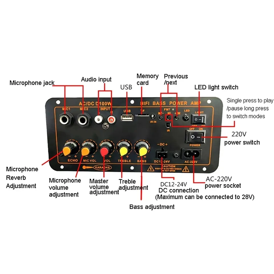 300W Blue tooth Audio Amplifier Board D100 Subwoofer Dual Microphone AMP Module 12V 24V 220V Medie Player